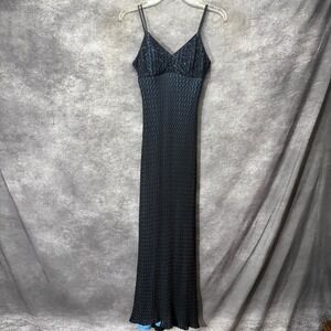 Cache Vintage Y2K Babydoll Slip Maxi Dress Size 6 Black Blue Lace Overlay Beaded